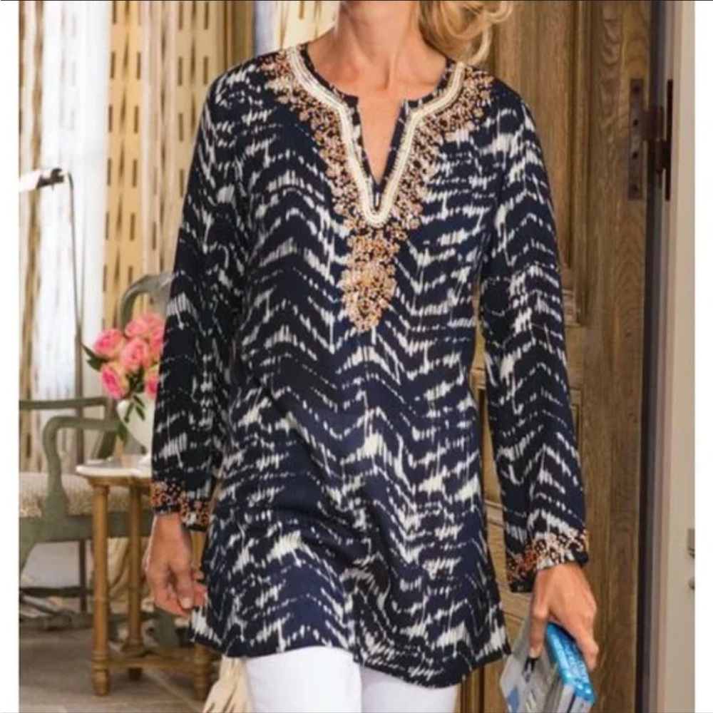 Soft Surroundings Akira  tunic beaded Ikat blouse top Sz S blue beige